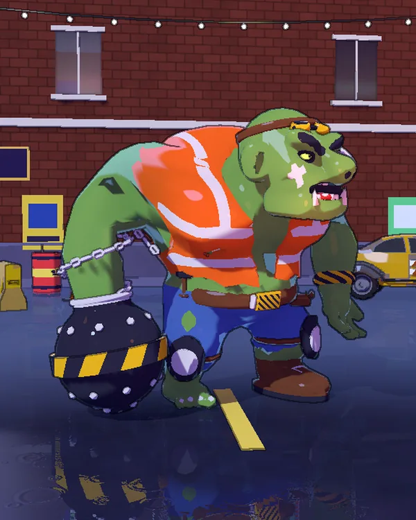 The Breacher, a giant green zombie in a hi-vis vest with a wrecking ball, on a night street in Dead End.